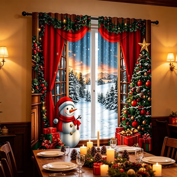 Christmas Curtains, 2‑Panel Christmas Printed Window Curtains, Semi‑Transparent Polyester Holiday Curtain Set, Festive Decor Drapes for Bedroom Living Room Home Xmas Decoration, 23.6x59 inch