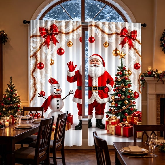 Christmas Curtains 2 Panels, Santa Snowman Xmas Tree Bow Printed Window Drapes, Rod Pocket Holiday Curtains for Living Room Bedroom Christmas Decor
