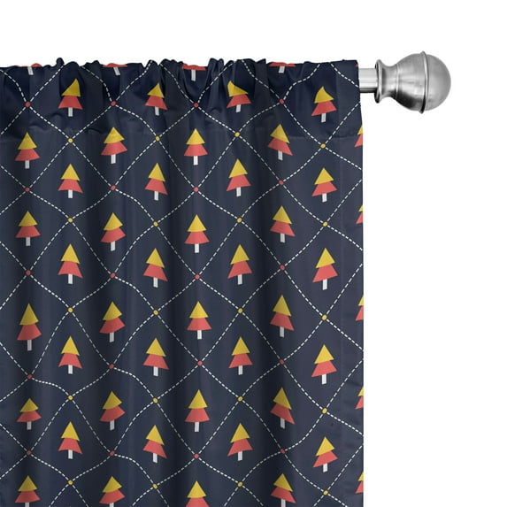 Christmas Curtains 2 Panels Set, Checkered Diagonal Pattern with Dashed Lines and Dots Small Abstract Pine Trees, Window Drapes for Living Room Bedroom, 56"W X 84"L, Multicolor, by Ambesonne