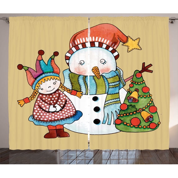 Ambesonne Christmas Curtains 2 Panel Set, Snowman Tree, 108" x 108", Multicolor