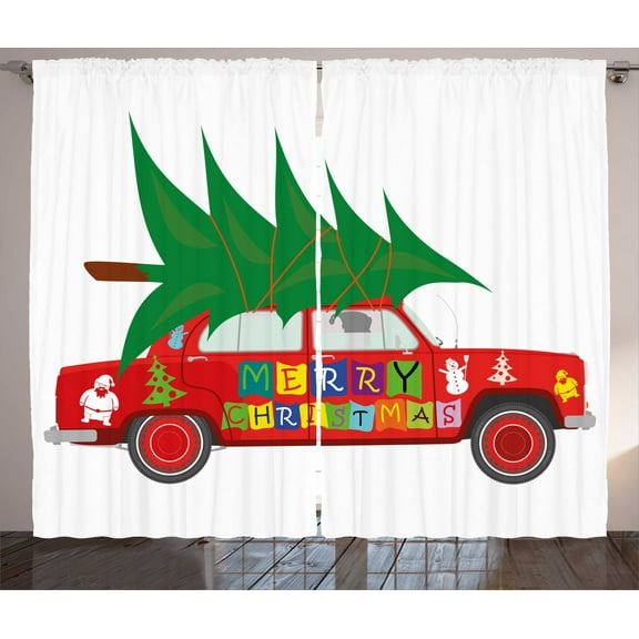 Ambesonne Christmas Curtains 2 Panel Set, Red Vintage Car Elf, 108" x 90", Vermilion Green White