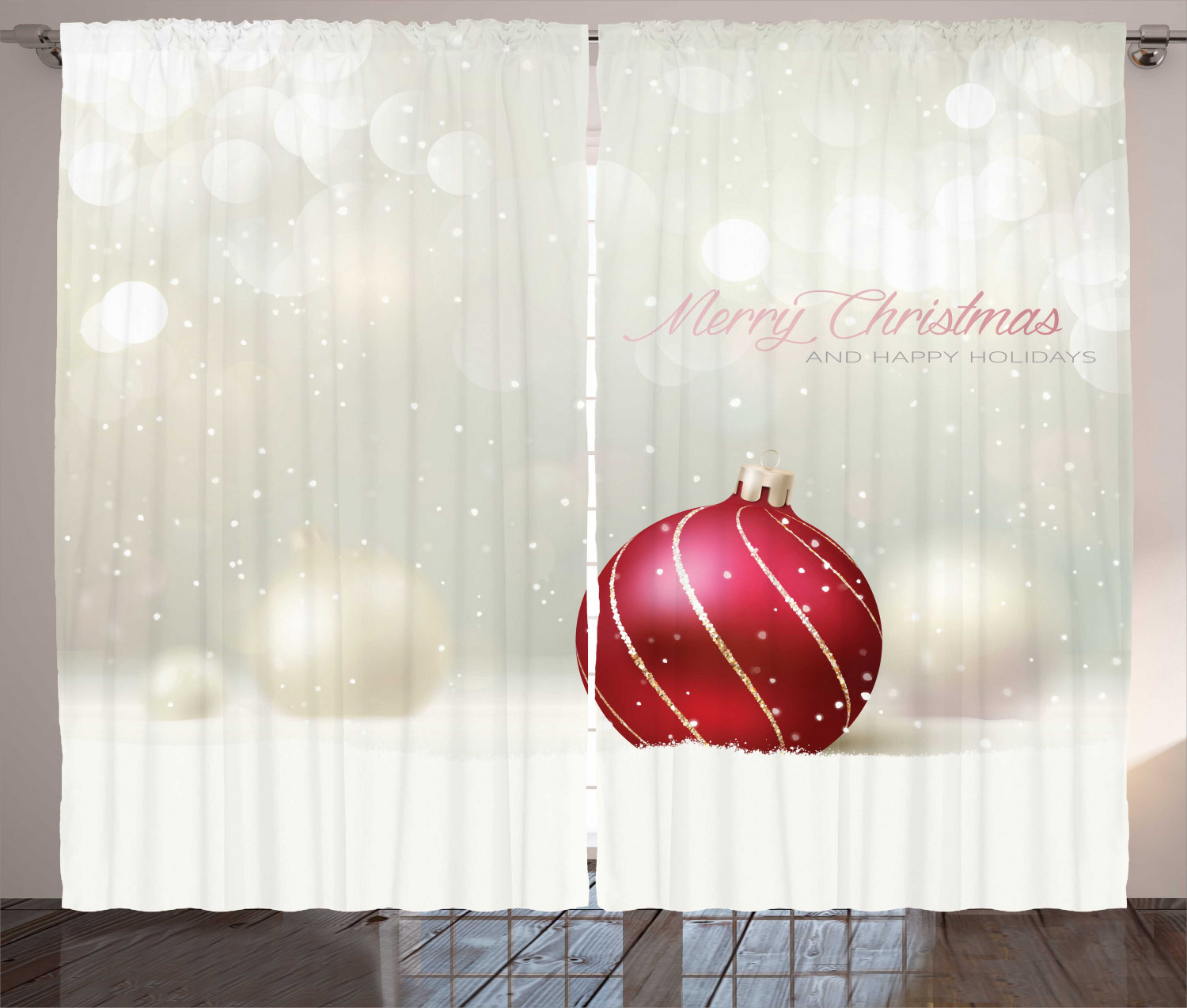 Christmas Curtains 2 Panels Set, Snow Effect Background Bauble with