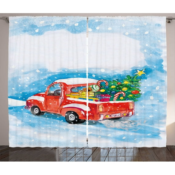 Christmas Curtains 2 Panels Set, Vintage Red Truck in Snowy Winter Scene with Xmas Tree and Gifts Candy Cane Kids, Living Room Bedroom Decor, Blue White Red, by Ambesonne