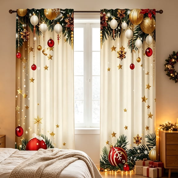 Christmas Curtains 2 Panels, Star Xmas Ball Printed Window Drapes, Rod Pocket Holiday Curtains for Living Room Bedroom Christmas Decor