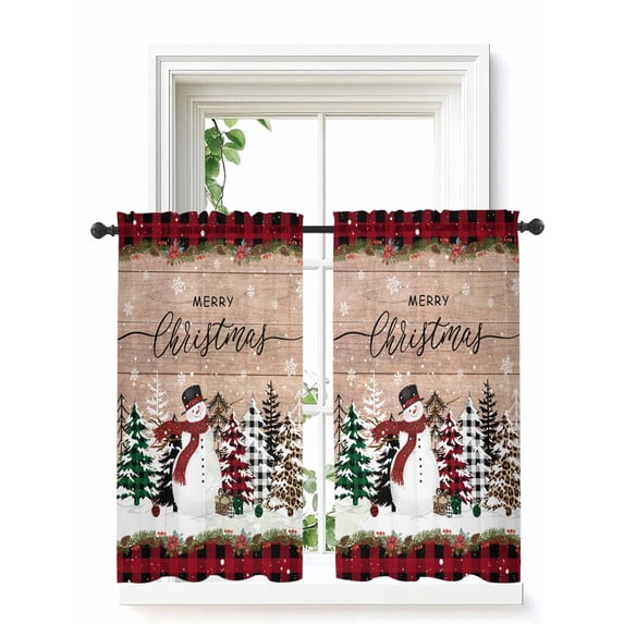 Christmas Curtains 54 Inch Length, Sheer Curtains for Bedroom Living Room Window Vintage Red Plaid Tree Xmas Snowman Rod Pocket Voile Drapes Kitchen Curtains Small Half Window 52"x54" 2 Panels