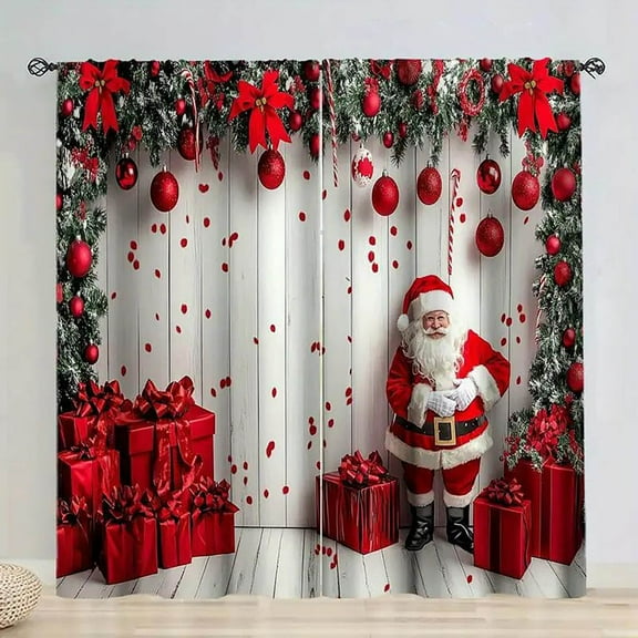 Christmas Curtains,Christmas Santa Claus Red Out Window Curtains, Xmas Tree Gift Winter Snowflake Decor for Bedroom, Living Room, Window Drapes 2 Panel Set, 64.96"x29.53"(D)