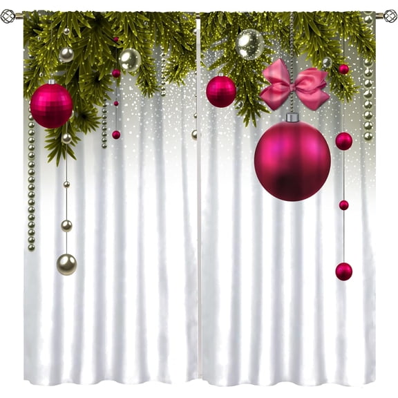 Christmas Curtains,Green and Red Xmas Traditional Winter Season Theme Fir Twigs and Vibrant Balls Graphic Print,Home Bedroom Living Room Kitchen Window Decor 42x63in