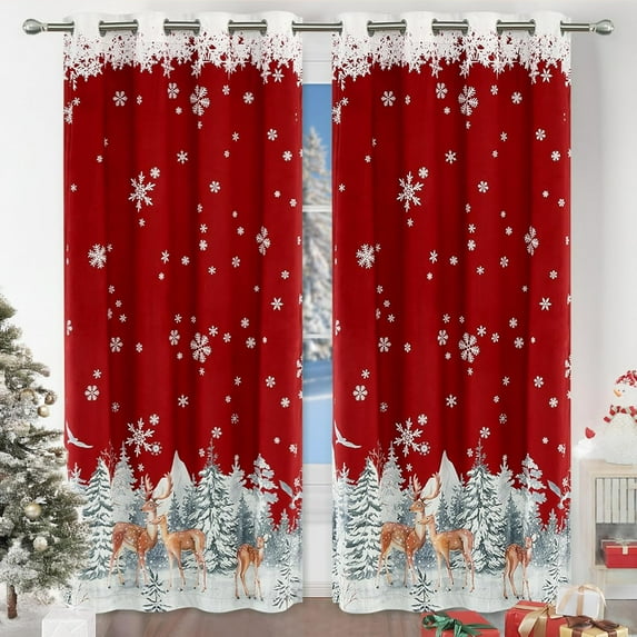 Christmas Curtains for Living Room 2 Panels, Velvet Long Red Window Curtains, Floral Holiday Decoration Curtains, Thermal Insulated Room Darkening Curtain