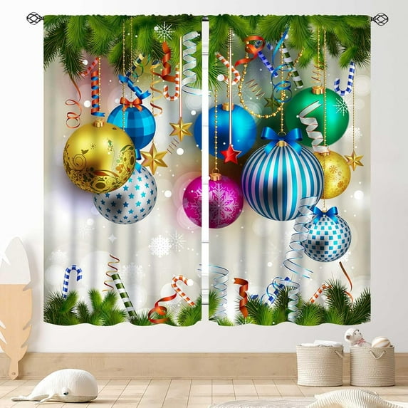 Christmas Curtains for Living Room, Xmas Merry Christmas Fir Twigs Ball New Year Party Decor Window Drapery Treatments for Bedroom Kitchen Bathroom Home 2 Panels Set, 84"x84" Inch
