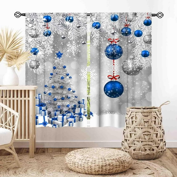 Christmas Curtains for Living Room, Xmas Merry Christmas Tree Fir Twigs Ball New Year Winter Snow Holiday Party Decor Silver Blue Window Drapery for Bedroom Kitchen Bathroom Nursery Home, 84"x63" In