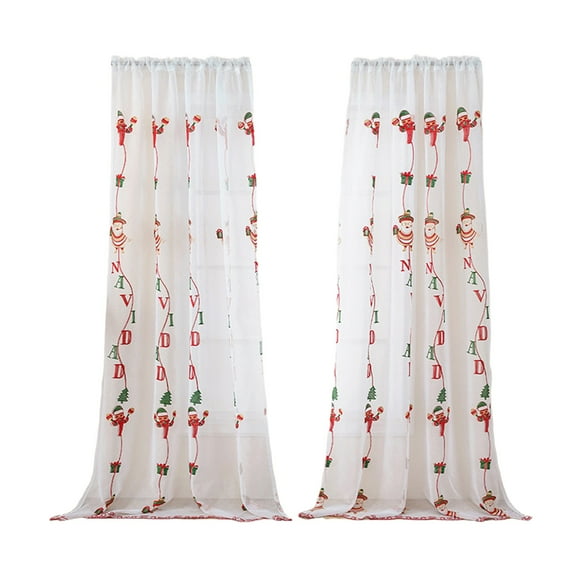 Christmas Curtains Santa Claus Embroidered Window Screen, 84 x 51 Inch White Polyester Fabric, Decorative Light Blocking & Heat Insulating Panel for Holiday Home Décor