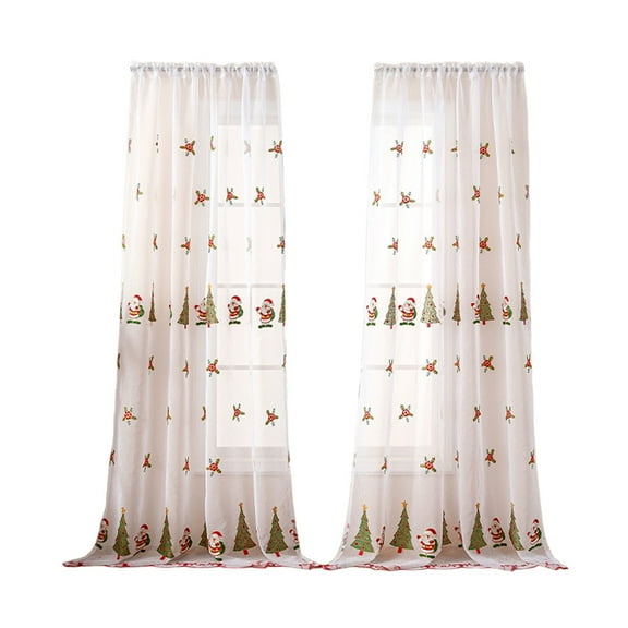 Christmas Curtains Santa Claus Embroidered Window Screen, 84 x 51 Inch White Polyester Fabric, Decorative Light Blocking & Heat Insulating Panel for Holiday Home Décor
