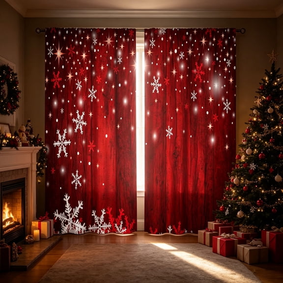 Christmas Curtains Semi Sheer Window Drapes with Vintage Wood Grain & Snowflake Pattern 2 Panel Light Filtering Holiday Liner for Bedroom Living Room Xmas Decor 55.12x39.37Inch