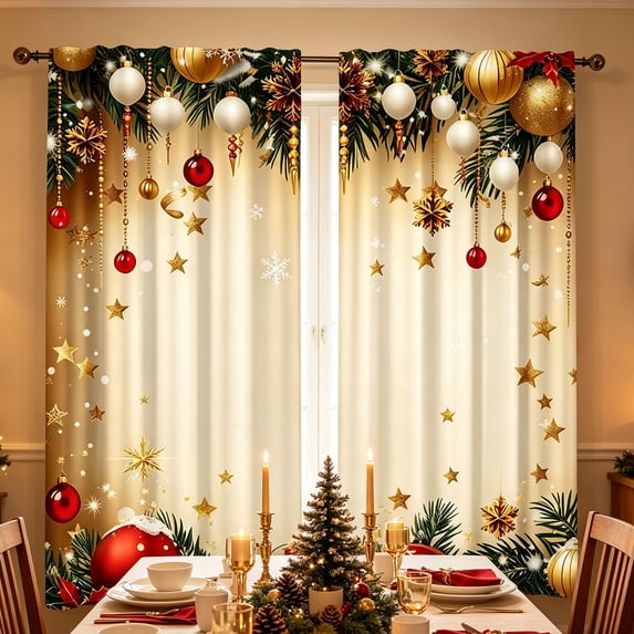 Christmas Curtains, Snowflake Christmas Bells Semi Light Filtering Curtains, Christmases Window Decor, Holiday Winter Curtain for Bedroom Living Room, 2 Panels,23.6"x59"(C)