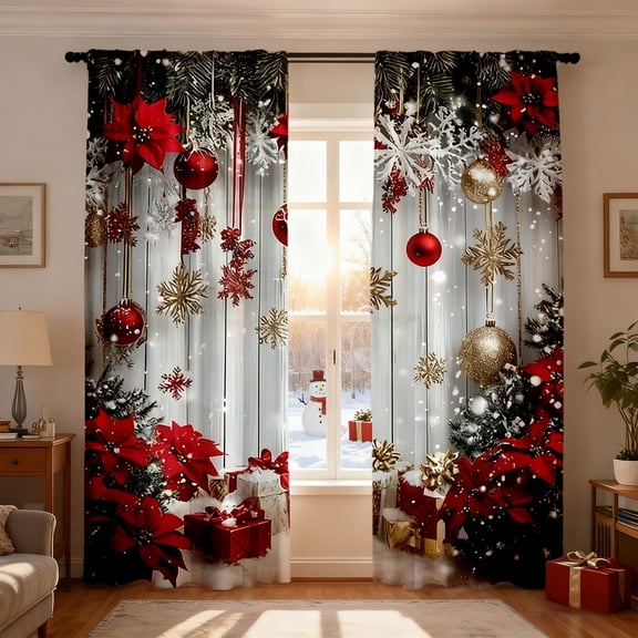Christmas Curtains, Snowflake Print Window Panel Set with Rod Pocket, Holiday Drapes for Bedroom and Living Room