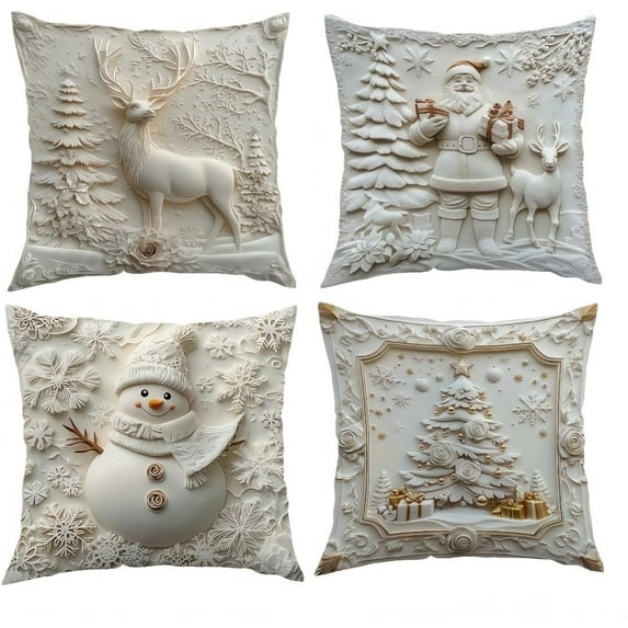 Christmas Cushion Covers Set of 4, 3D Soft White Christmas Throw Pillow Covers Snowman Reindeer Trees Decor Holiday Pillow Cover Farmhouse for Couch Sofa Bed (18" x 18" (Pack of 4))