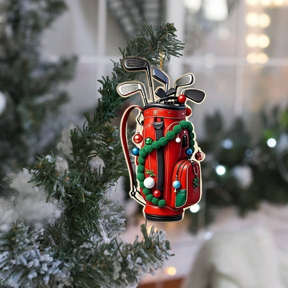 Christmas Cute Acrylic Golf Ornaments – 2D Flat Christmas Tree Hanging Pendant with Mini Club Bag, Holiday Decor for Golf Lover Gift Festive Sports Car Hanger