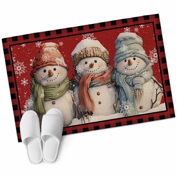 Christmas Cute Area Rug 2x3ft Snowman Red Buffalo Plaid Border Non-Slip Washable Square Rugs Soft Felt Indoor Floor Mat for Bedroom Kitchen Living Room Bathroom
