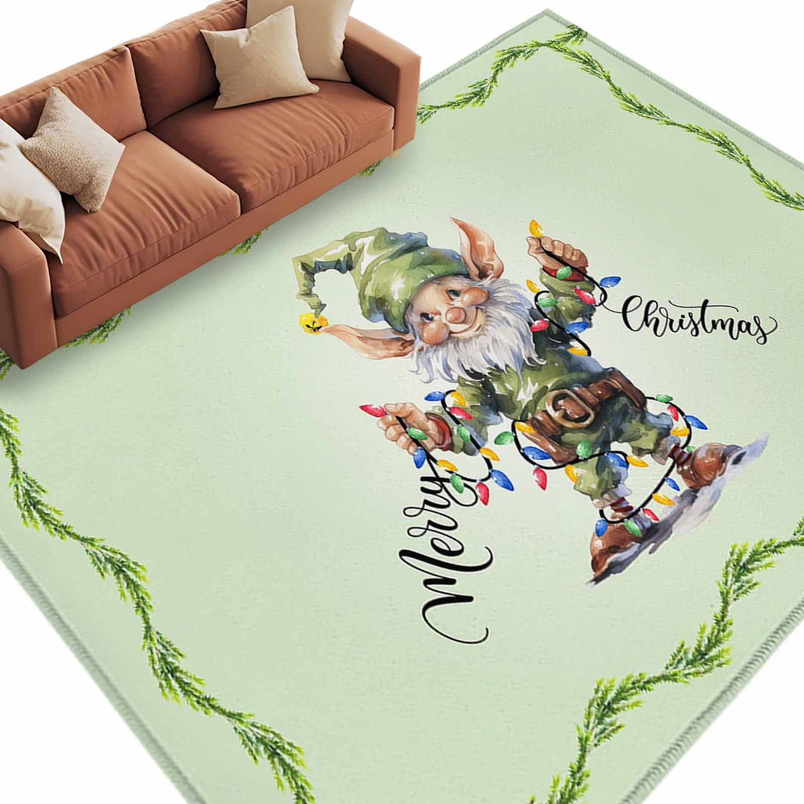 Christmas Cute Area Rug 5x8ft Green Dwarf Elf Non-Slip Washable Square ...
