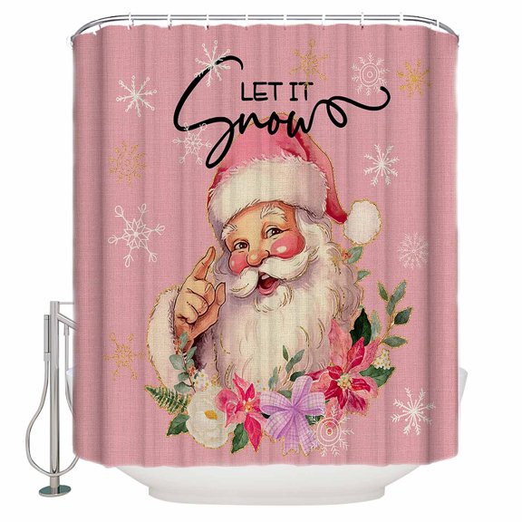 Christmas Cute Bathroom Shower Curtains with Hooks, Santa Claus with Snowflakes Pink Waterproof Fabric Washable Shower Curtain for Home Hotel Bathtub Decor 54x78 Inch