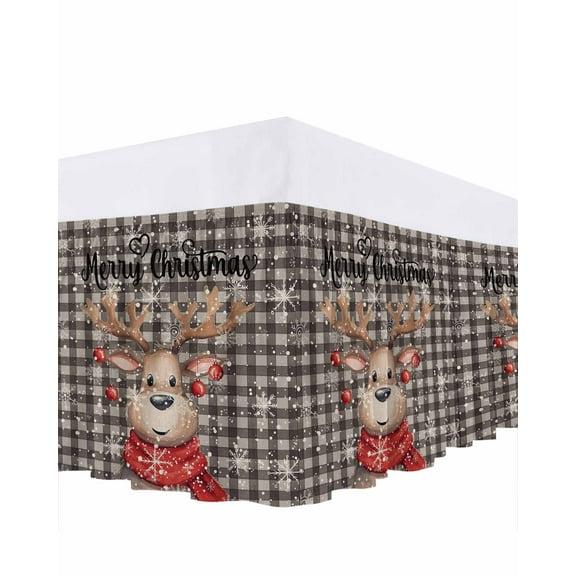 Christmas Cute Bed Skirt Elk Snowflake Black White Plaid Bed Skirts King Size 18 Inch Drop, Wrap Around Dust Ruffle&nbsp;Bedskirt with Adjustable Elastic Belt for Queen Size Beds