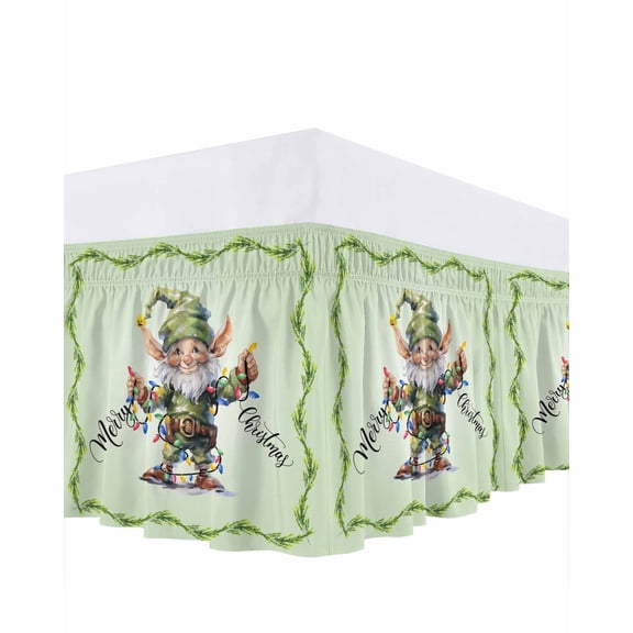 Christmas Cute Bed Skirt Green Dwarf Elf Bed Skirts Queen Size 16 Inch Drop, Wrap Around Dust Ruffle Bedskirt with Adjustable Elastic Belt for Queen Size Beds