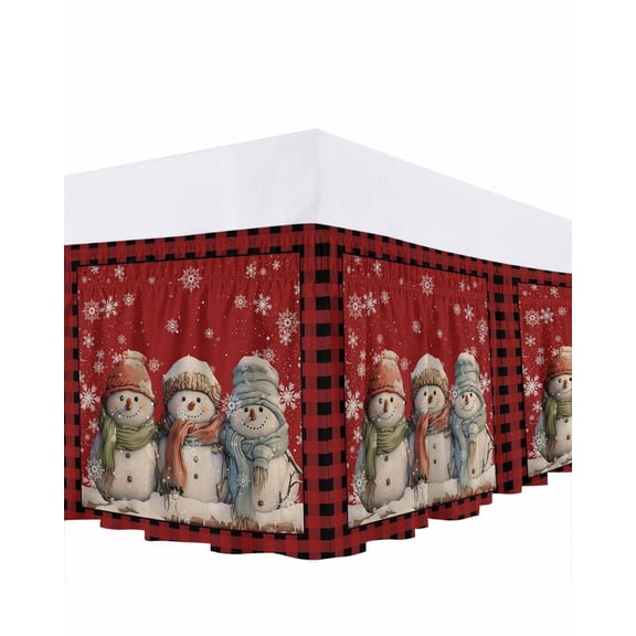 Christmas Cute Bed Skirt Snowman Red Buffalo Plaid Border Bed Skirts Queen Size 16 Inch Drop, Wrap Around Dust Ruffle Bedskirt with Adjustable Elastic Belt for Queen Size Beds