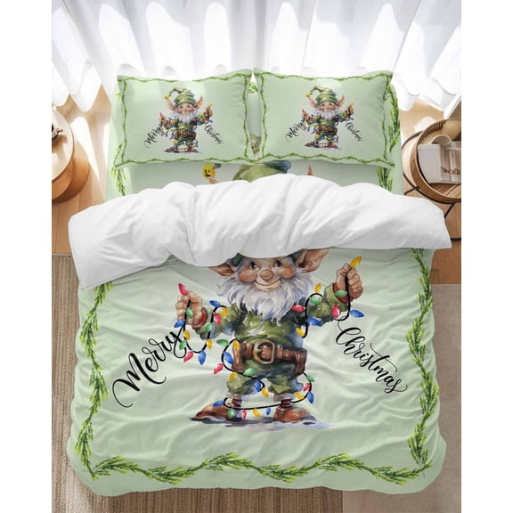 Christmas Cute Bedding Duvet Cover Set Twin Size 4 Pieces Green Dwarf Elf Soft Twill Plush Quilt Cover, Include 1 Duvet Cover 1 Flat Sheet And 2 Pillow