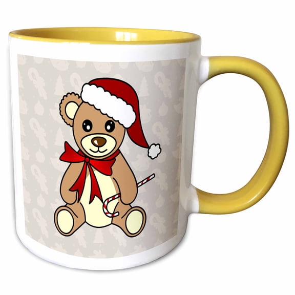 3drose, Christmas Cute Brown Teddy Bear with Santa Hat, 15oz Two-tone Yellow Mug