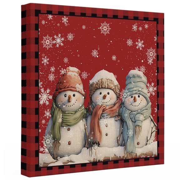Christmas Cute Canvas Wall Art for Living Room, Snowman Red Buffalo Plaid Border Poster Print Painting for Bedroom Dining Room Balcony Decoration Wall Pictures Prepare To Hang 10"x10"