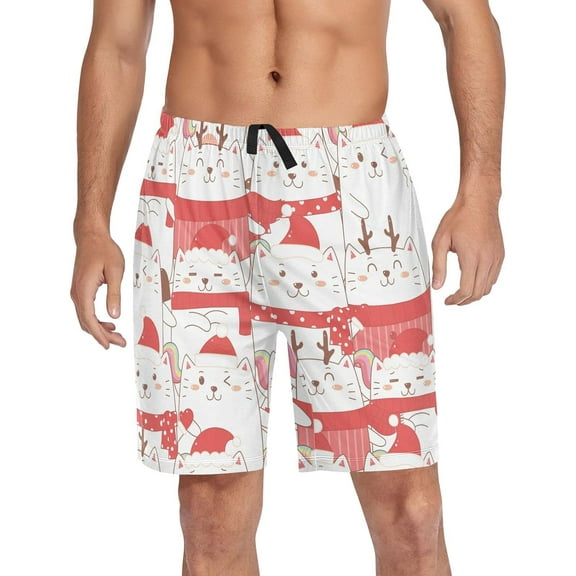 Christmas Cute Cat Hat Pajama shorts Mens Lounge Sleep Shorts Lightweight Men Pajama Bottoms with Drawstring Pockets