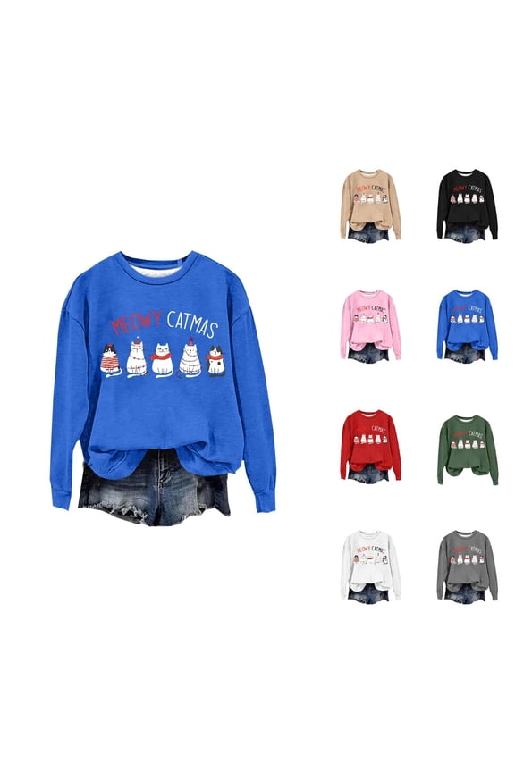 Christmas Cute Cat Sweatshirts for Women 2025 Long Sleeve Crewneck Funny Meowy Catmas Graphic Sweatshirt Pullover Tops