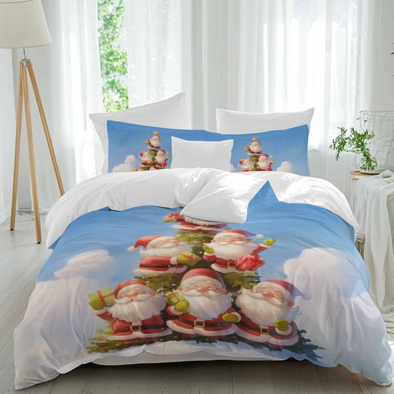 Christmas Cute Comforter Set Twin Size, Fun Santa Claus Gnome Xmas Tree Blue Sky Pattern Soft Bedding Set for Man Woman, 4 Pieces Duvet Cover Set with Fitted Sheet, 2 Pillowcases