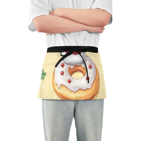 Christmas Cute Doughnut Short Server Apron with 3 Pockets for Unisex Chef Gardening