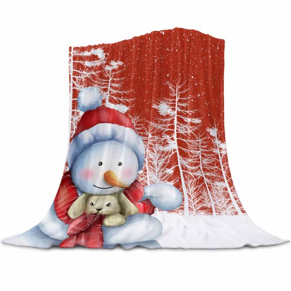 Christmas Cute Flannel Blanket for Bed,Travel and Camping, Snowman Rabbit Tree Orange Background Super Soft Cozy Blanket for All Seasons 60"x80"