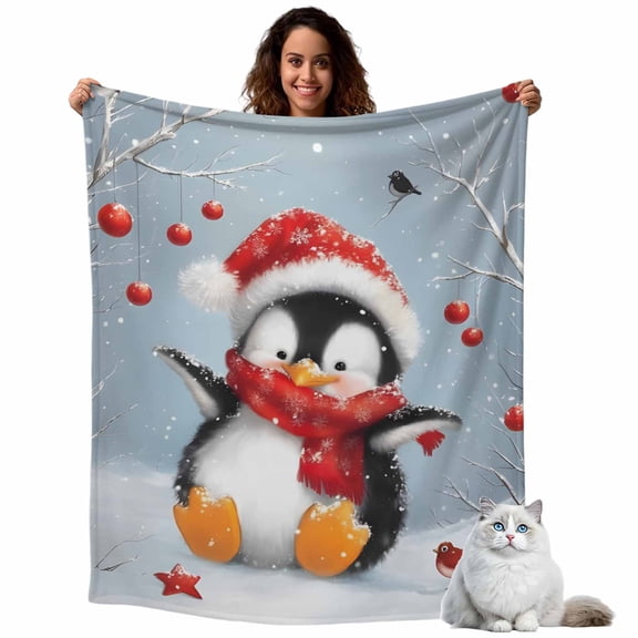 Christmas Cute Fleece Throw Blanket Lightweight Hat Penguin Fuzzy Flannel Throws Super Soft Cozy Flannel Blanket for Couch, Sofa, Bed, Travel 60"x80"