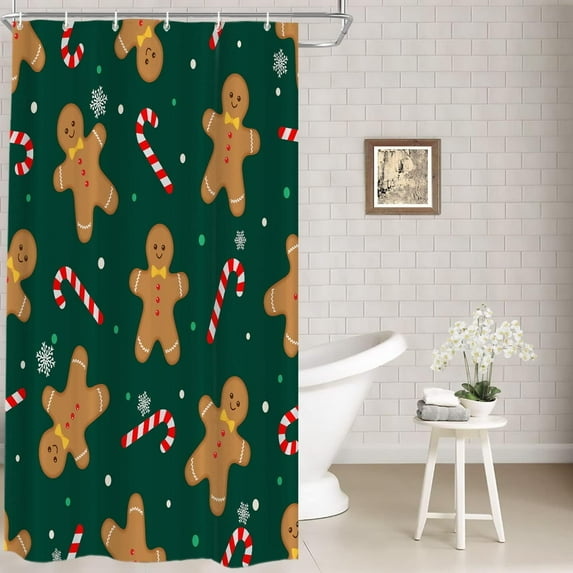 Christmas Cute Gingerbread Decor Shower Curtain,Gingerbread Candy Canes On Dark Bathroom Decor Polyester Fiber Plastic Rings Quick-Drying Waterproof for Bathtubs/Bathroom, 72x36 inches