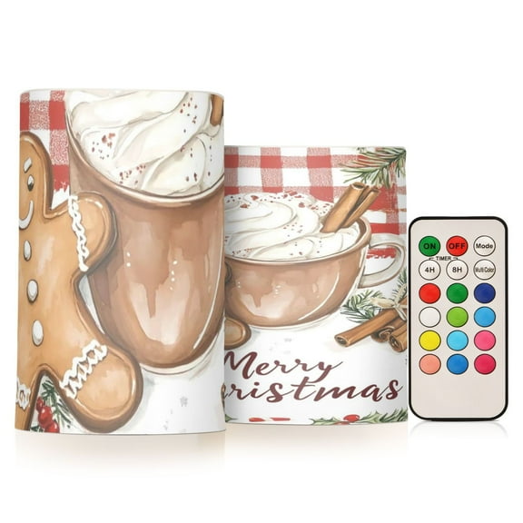 Christmas Cute Gingerbread Man Flickering Flameless Candles Battery Operated with Remote Timer LED Pillar Candles Set of 2