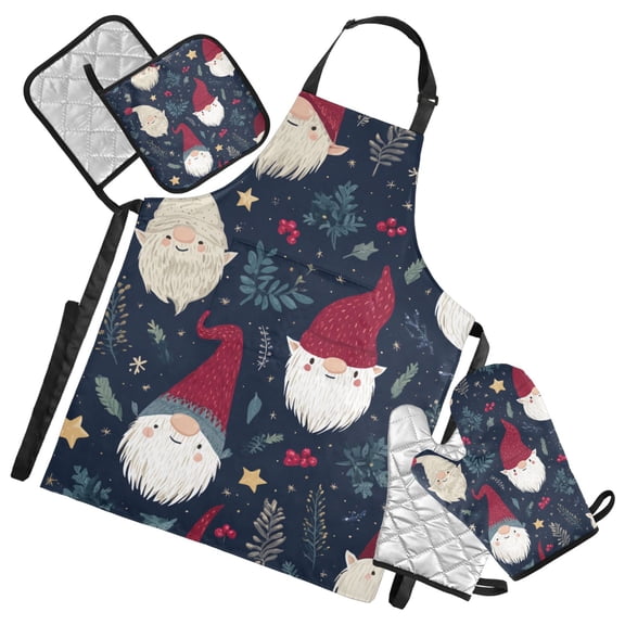 Christmas Cute Gnomes Faces Holly Leaves Stars Apron Set with Oven Mitts Pot Holders Set of 5 Kitchen Stuff Accessories