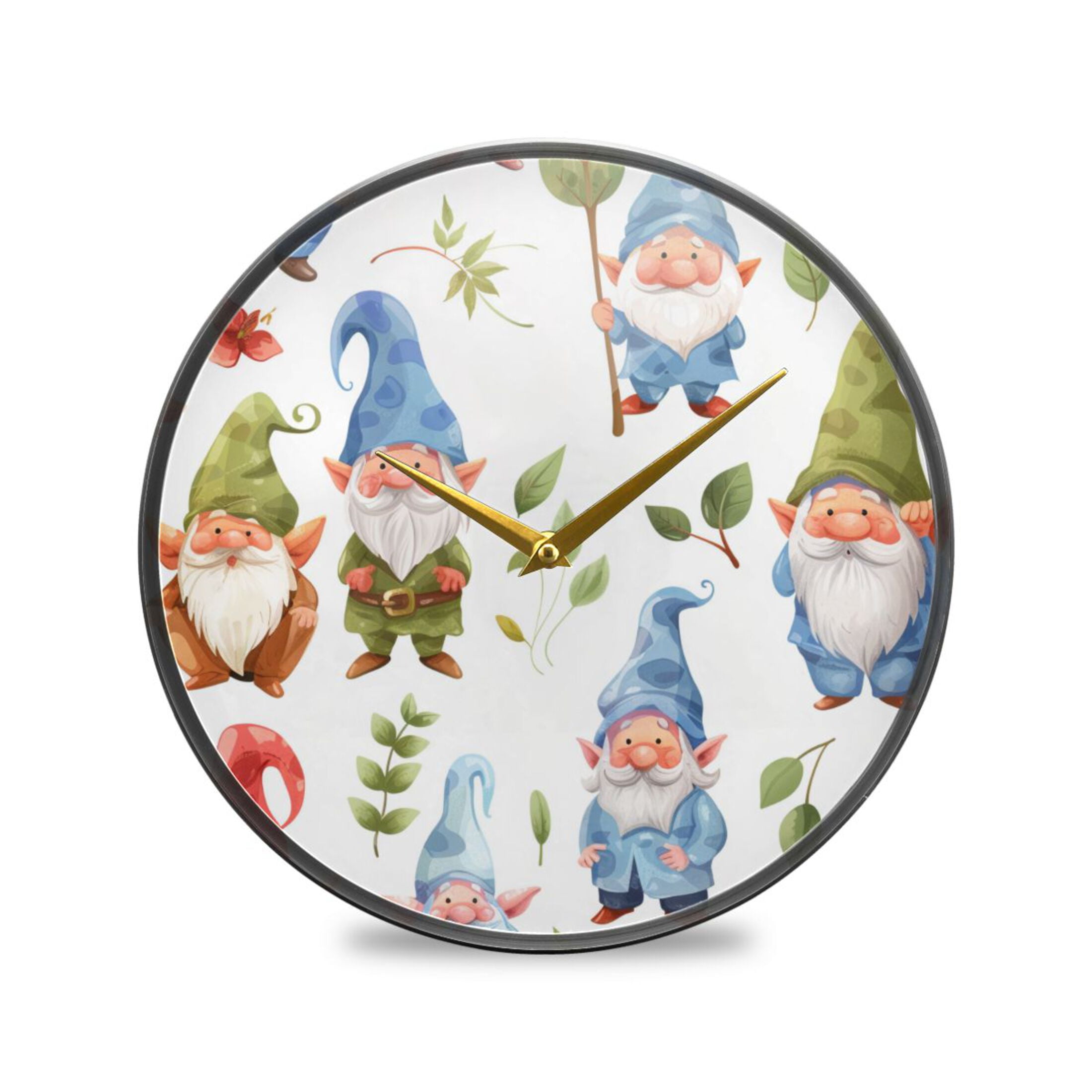 Christmas Cute Gnomes Leaves Cartoon Acrylic Round Clock Battery