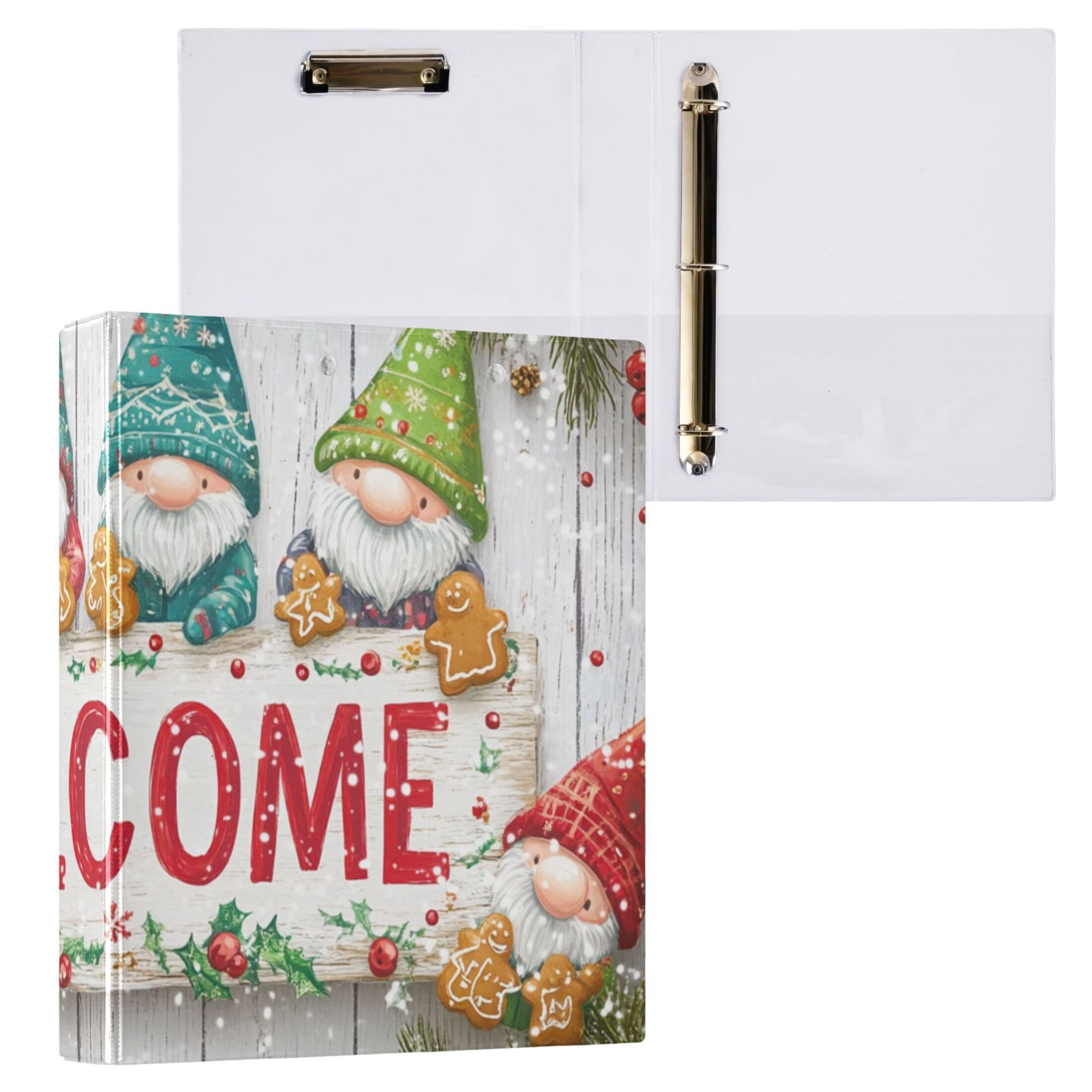 Christmas Cute Gnomes Welcome 3 Ring Binders 1.5 inch Hardcover File Folders with Interior Pockets A4 Size Organizer for School Office Hospital Set of 2