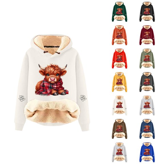 Christmas Cute Highland Cow Hoodies for Women Long Sleeve Lined Hooded Sweatshirt Pullover Tops