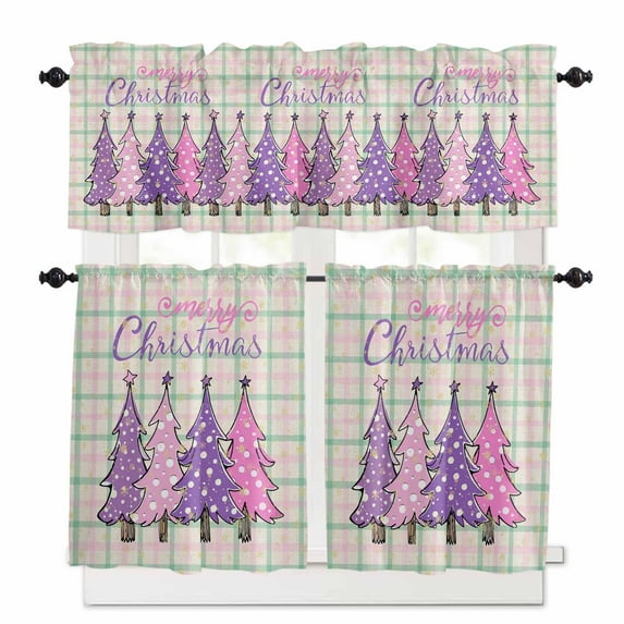 Christmas Cute Kitchen Curtains and Valances Set, Gradient Plaid Striped Colorful Polka Dot Xmas Tree Rod Pocket Window Valance Window Curtain Panels for Living Room Bedroom, 27.5x24in, 3 Pieces
