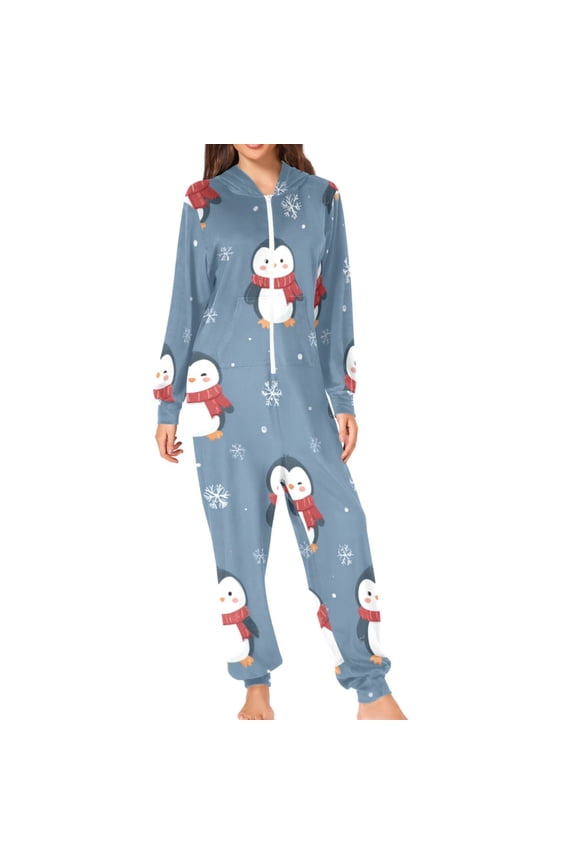 Christmas Cute Penguins with Red Scarf Adult's Hoodie Onesie Jumpsuit One-Piece Pajamas with Zipper Unisex for Holiday M