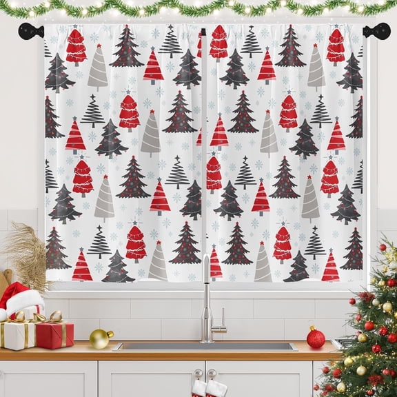 Christmas Cute Pine Tree Kitchen Window Curtains Over Sink Set of 2, Winter Snowflakes Xmas Rod Pocket Short Tier Curtains, Christmas Small Kitchen Decor (26x36 Inch)