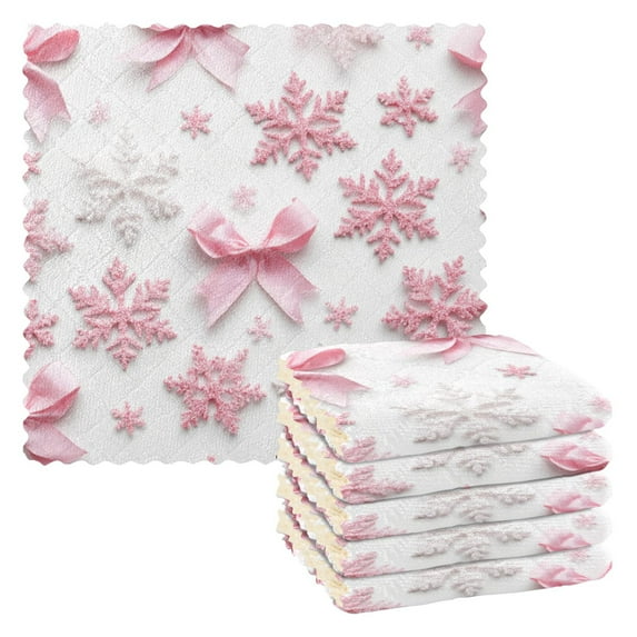 Christmas Cute Pink Bows and Snowflakes Dish Cloths Dish Towels Cleaning Cloths Quick Drying Reusable 11" x 11" Set of 6