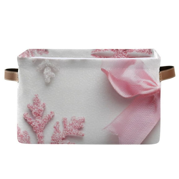 Christmas Cute Pink Bows and Snowflakes Square Storage Bins with Handles Collapsible Containing Box 1 Pack