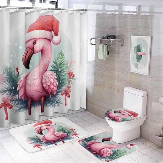 Christmas Cute Pink Flamingo with Red Hat 4 Piece Decor Shower Curtains Sets Rug Toilet Lid Cover And Non-Slip U Shape Mat Animals Wear Santa Hats Waterproof Shower Curtain for Bathroom Decor