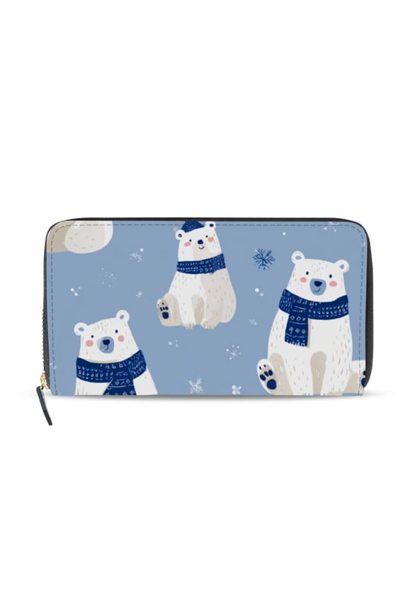 Christmas Cute Polar Bears with Blue Scarves Women's Long Zipper Wallet Bifold Clutch Purse PU Leather Card Cases