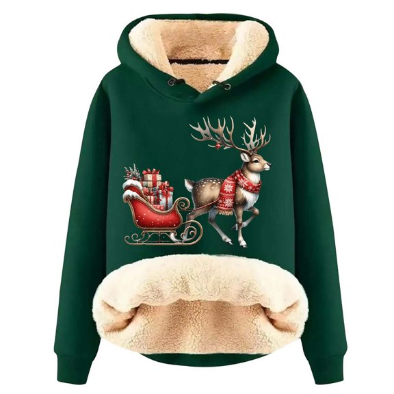 Christmas Cute Reindeer Hoodies for Women 2025 Long Sleeve Heavyweight Hooded Sweatshirt Pullover Tops